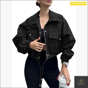 Lightweight Cropped Utility Anorak Jacket with Pockets, Oversized Fit